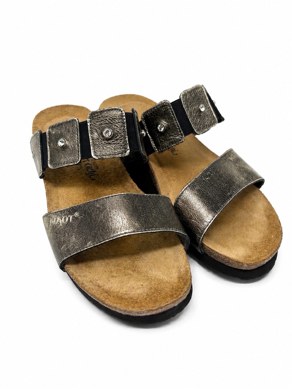 Naot Metallic Leather Slide Sandals EU 38 US 7 Silver Double Strap Comfort